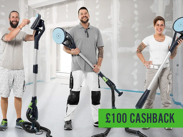 Festool Planex Cashback image containing 3 tradesmen holding Festool Planex Long Reach Sander